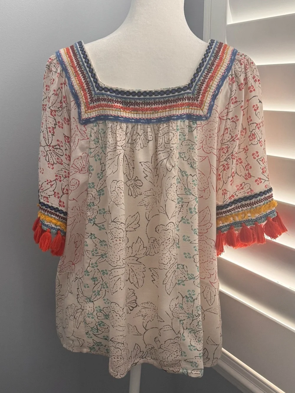 Anthropologie Maeve Paolina Puff Sleeve Tassel Trim Square-Neck Blouse